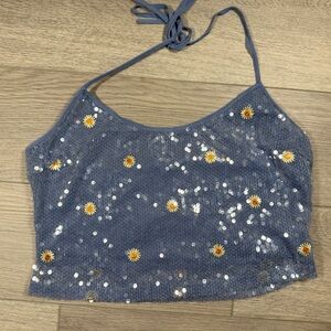 Nasty Gal Blue Floral Sequin halter top women size large